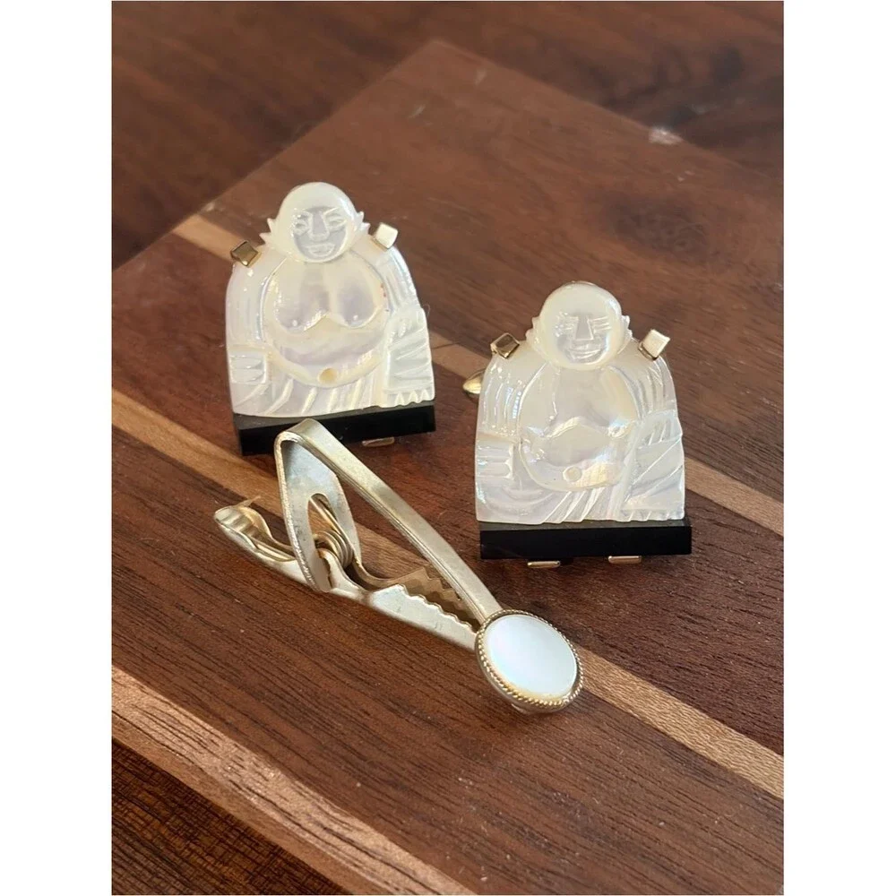 Vintage Swank Mother of Pearl /Onyx laughing Buddha cufflinks and tie tack set.